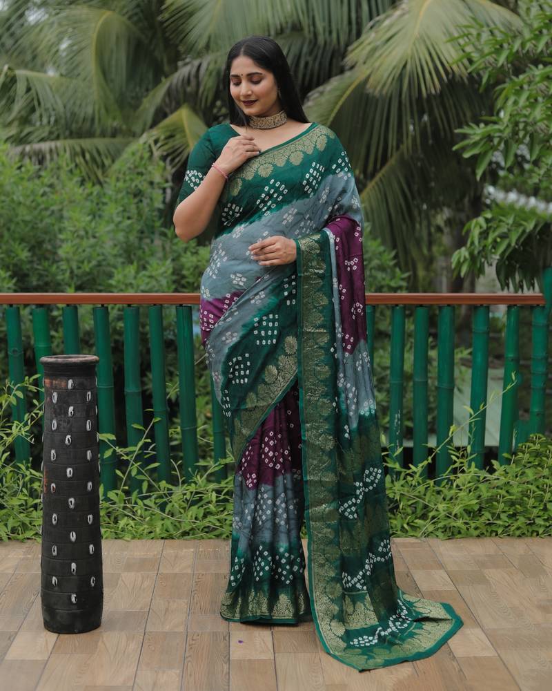 Dark Green Jetpuri Bandhani style silk bland  zari Border thread work saree with Blouse