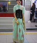 Weaving Zari Work Silk Blend Turquoise Contemporary Saree