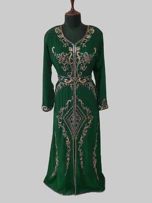 Dark Greencolor Full Sleeves Handmade Moroccan Kaftan 1