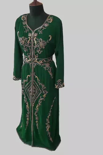 Dark Greencolor Full Sleeves Handmade Moroccan Kaftan