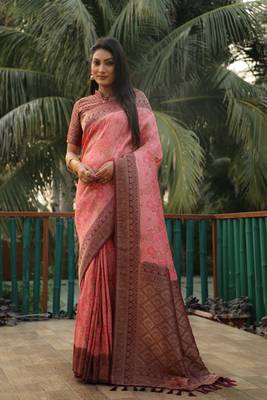 Women Peach Faux Kanjivaram Soft Silk Zari Weaving With Rich Pallu Saree With Blouse For Women 1