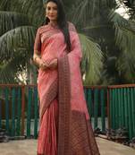 Women Peach Faux Kanjivaram Soft Silk Zari Weaving With Rich Pallu Saree With Blouse For Women