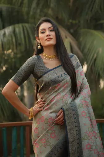Women Grey Faux Kanjivaram Soft Silk Zari Weaving With Rich Pallu Saree With Blouse For Women