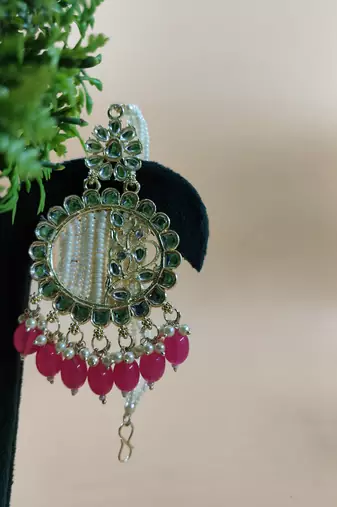   Fashionable Pearl Rani Colour Chandabali Earrings