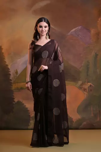 Brown Sequins Georgette Saree 