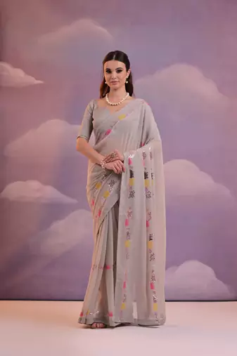 Grey Sequins Georgette Saree 