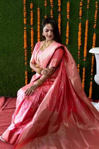 Women's Peach Faux Banarasi Silk Zari Woven Saree with Blouse