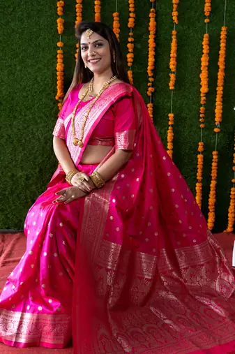 Women's Rani Pink Faux Banarasi Silk Zari Woven Saree with Blouse