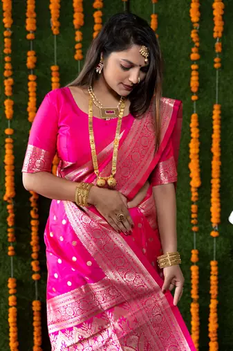 Women's Rani Pink Faux Banarasi Silk Zari Woven Saree with Blouse
