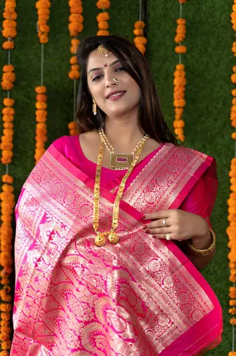 Women's Rani Pink Faux Banarasi Silk Zari Woven Saree with Blouse