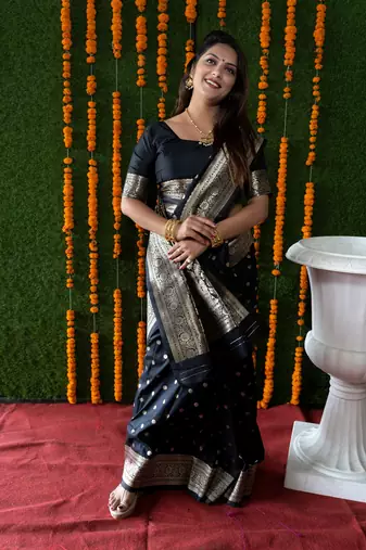 Women's Black Faux Banarasi Silk Zari Woven Saree with Blouse