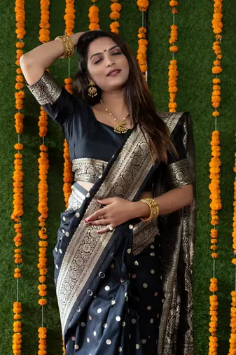 Women's Black Faux Banarasi Silk Zari Woven Saree with Blouse
