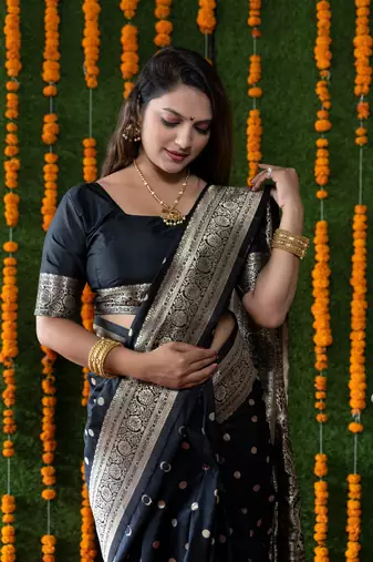 Women's Black Faux Banarasi Silk Zari Woven Saree with Blouse