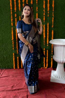 Women's Navy Blue Handloom Faux Banarasi Silk Zari Woven Saree with Blouse 1