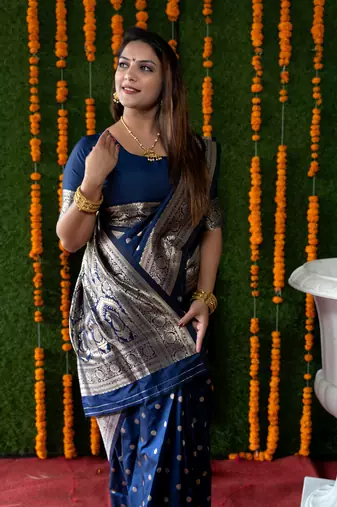 Women's Navy Blue Handloom Faux Banarasi Silk Zari Woven Saree with Blouse
