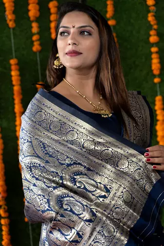 Women's Navy Blue Handloom Faux Banarasi Silk Zari Woven Saree with Blouse
