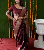 Women's Maroon Handloom Faux Banarasi Silk Zari Woven Saree with Blouse