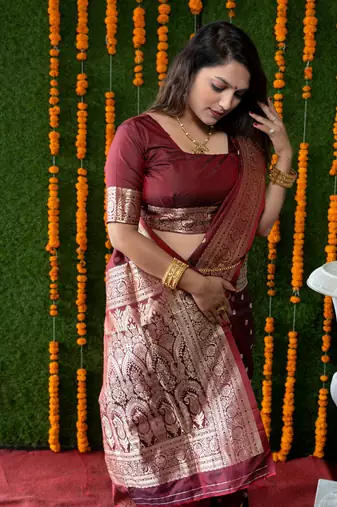 Women's Maroon Handloom Faux Banarasi Silk Zari Woven Saree with Blouse