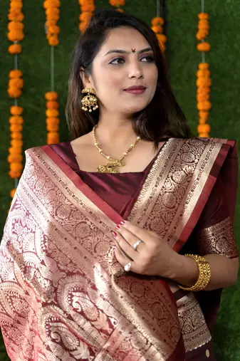 Women's Maroon Handloom Faux Banarasi Silk Zari Woven Saree with Blouse