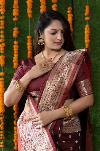Women's Maroon Handloom Faux Banarasi Silk Zari Woven Saree with Blouse
