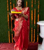 Women's Red Handloom Faux Banarasi Silk Zari Woven Saree with Blouse