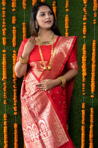 Women's Red Handloom Faux Banarasi Silk Zari Woven Saree with Blouse
