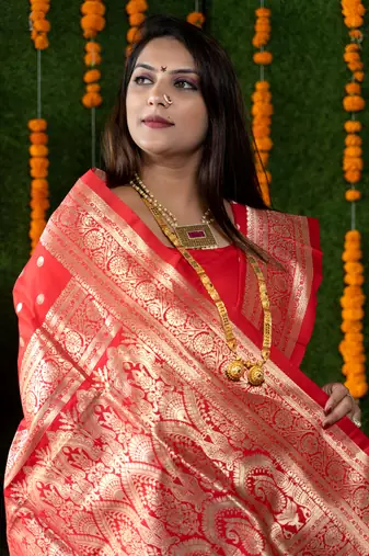 Women's Red Handloom Faux Banarasi Silk Zari Woven Saree with Blouse