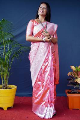 Women's Peach Soft Faux Banarasi Silk Zari Woven Saree with Blouse 1