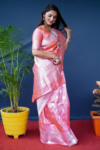 Women's Peach Soft Faux Banarasi Silk Zari Woven Saree with Blouse