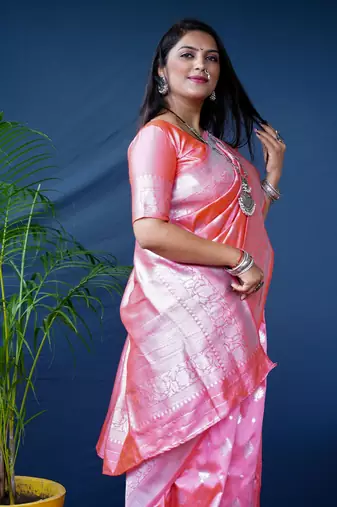 Women's Peach Soft Faux Banarasi Silk Zari Woven Saree with Blouse