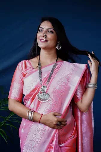 Women's Peach Soft Faux Banarasi Silk Zari Woven Saree with Blouse