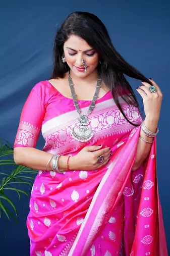 Women's Pink Soft Faux Banarasi Silk Zari Woven Saree with Blouse