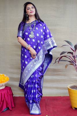 Women's Royal Blue Soft Faux Banarasi Silk Zari Woven Saree with Blouse 1