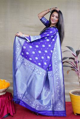 Women's Royal Blue Soft Faux Banarasi Silk Zari Woven Saree with Blouse 2