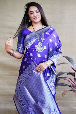 Women's Royal Blue Soft Faux Banarasi Silk Zari Woven Saree with Blouse 3