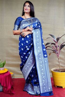 Women's Navy Blue Soft Faux Banarasi Silk Zari Woven Saree with Blouse 1