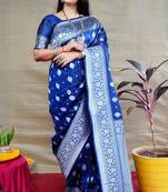 Women's Navy Blue Soft Faux Banarasi Silk Zari Woven Saree with Blouse