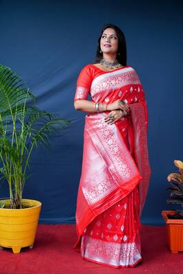 Women's Red Soft Faux Banarasi Silk Zari Woven Saree with Blouse 1