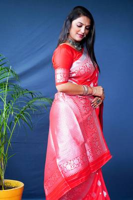 Women's Red Soft Faux Banarasi Silk Zari Woven Saree with Blouse 3