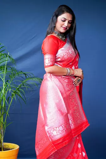 Women's Red Soft Faux Banarasi Silk Zari Woven Saree with Blouse