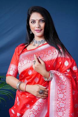 Women's Red Soft Faux Banarasi Silk Zari Woven Saree with Blouse 4