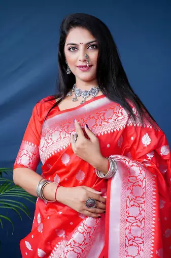 Women's Red Soft Faux Banarasi Silk Zari Woven Saree with Blouse