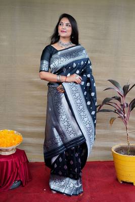 Women's Black Soft Faux Banarasi Silk Zari Woven Saree with Blouse 1
