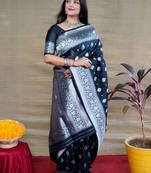 Women's Black Soft Faux Banarasi Silk Zari Woven Saree with Blouse