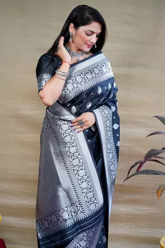 Women's Black Soft Faux Banarasi Silk Zari Woven Saree with Blouse