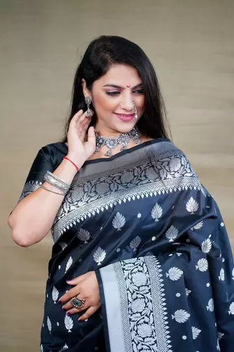 Women's Black Soft Faux Banarasi Silk Zari Woven Saree with Blouse