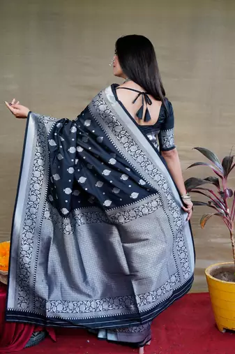 Women's Black Soft Faux Banarasi Silk Zari Woven Saree with Blouse