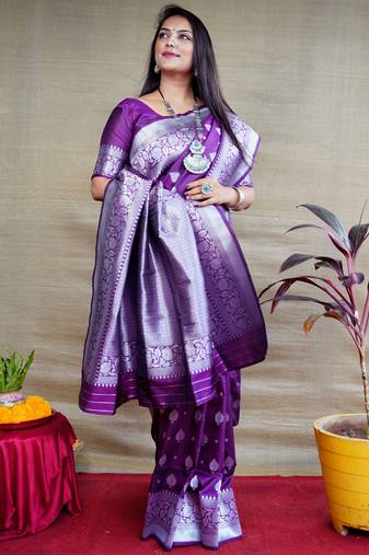 Women's Purple Soft Faux Banarasi Silk Zari Woven Saree with Blouse