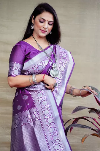 Women's Purple Soft Faux Banarasi Silk Zari Woven Saree with Blouse