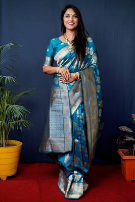 Women's Teal Handloom Faux Banarasi Silk Zari Woven Saree with Blouse 1